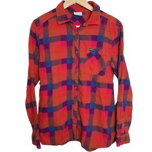 Columbia Flannel Pink Purple Plaid Button Up Womens Large Long Sleeve W/ Pocket